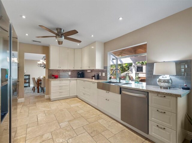 kitchen featuring white cabinetry, sink, stainless steel dishwasher, and decorative backsplash