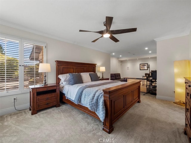 carpeted bedroom featuring ornamental molding