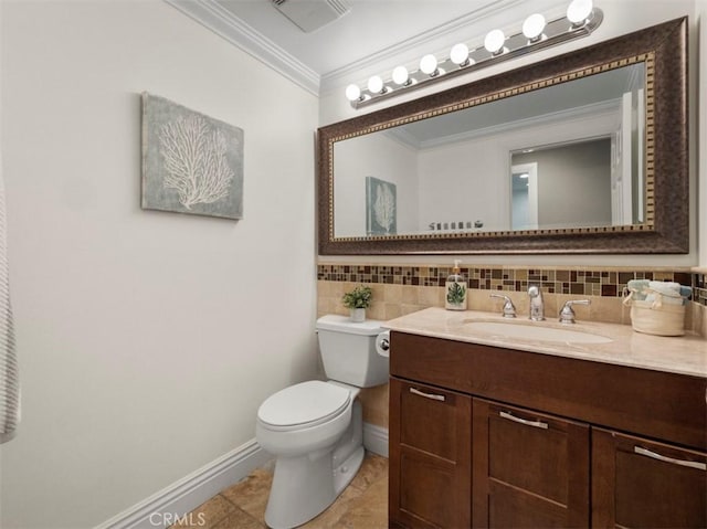 bathroom with decorative backsplash, tile patterned flooring, vanity, toilet, and crown molding