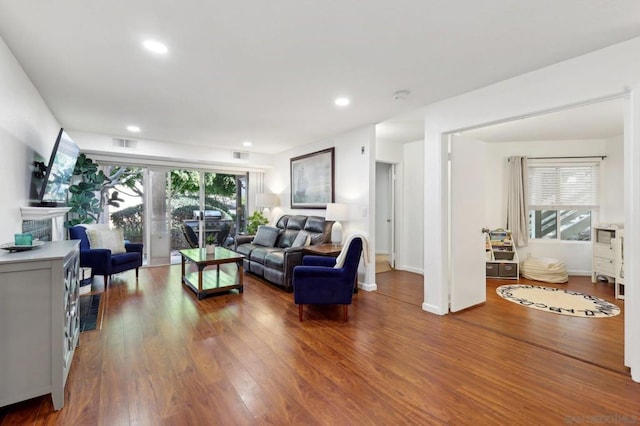 living room featuring hardwood / wood-style flooring and a healthy amount of sunlight