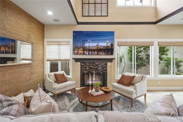 living room with a fireplace