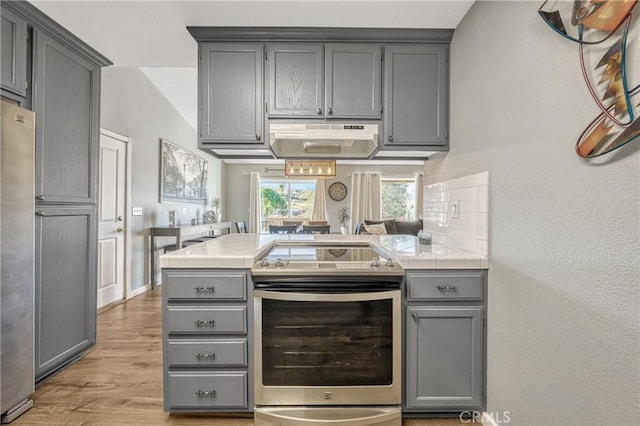 kitchen with gray cabinetry, light hardwood / wood-style flooring, and stainless steel appliances