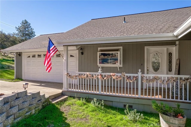 property entrance featuring a garage and covered porch