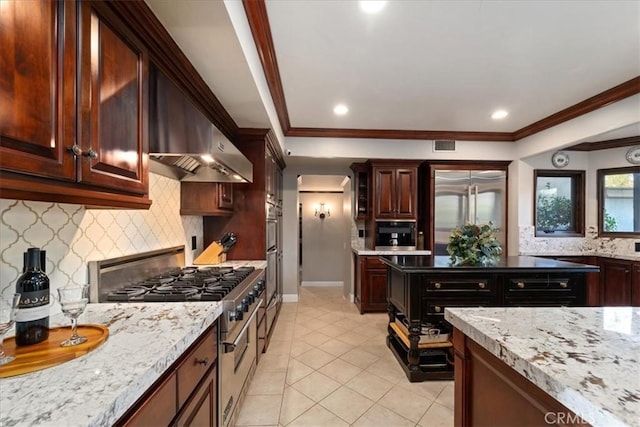 kitchen with high quality appliances, tasteful backsplash, light tile patterned floors, light stone counters, and crown molding