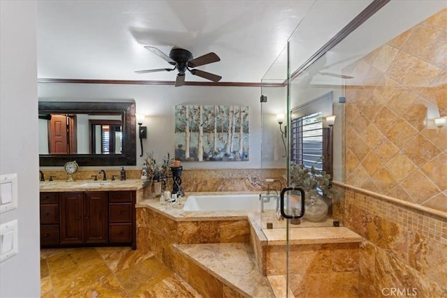 bathroom featuring vanity, crown molding, shower with separate bathtub, and ceiling fan