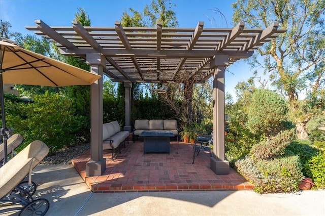 view of patio / terrace featuring an outdoor living space and a pergola