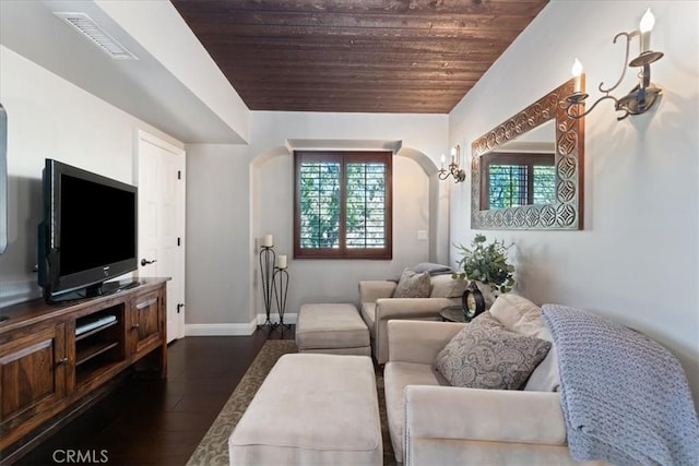 living room with dark wood-type flooring and wood ceiling