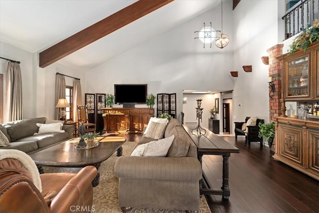 living room with an inviting chandelier, beam ceiling, dark wood-type flooring, and high vaulted ceiling