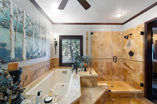 bathroom featuring crown molding, ceiling fan, and separate shower and tub