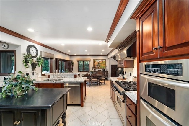 kitchen featuring light tile patterned flooring, sink, ornamental molding, appliances with stainless steel finishes, and decorative backsplash