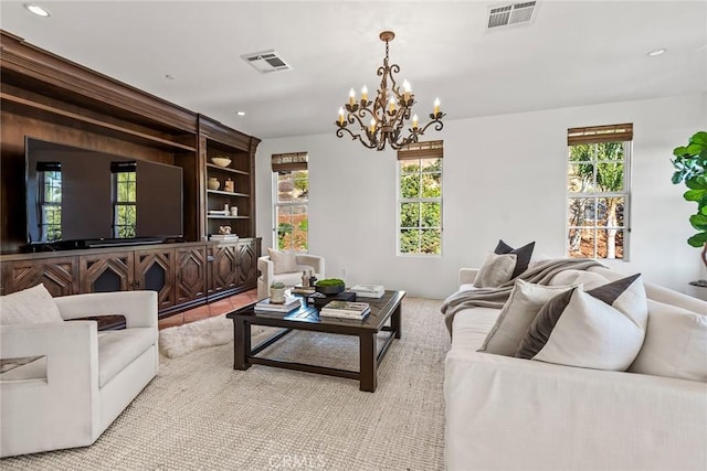 living room with a wealth of natural light and built in features