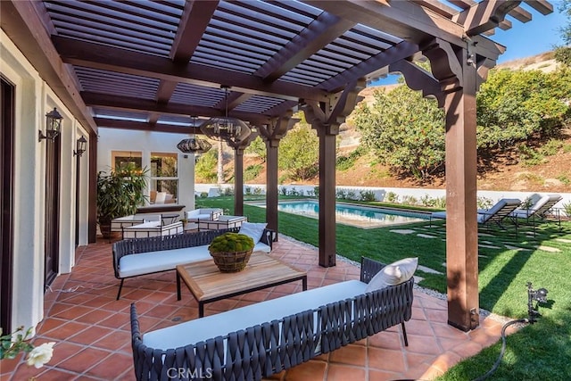 view of patio with an outdoor living space and a pergola