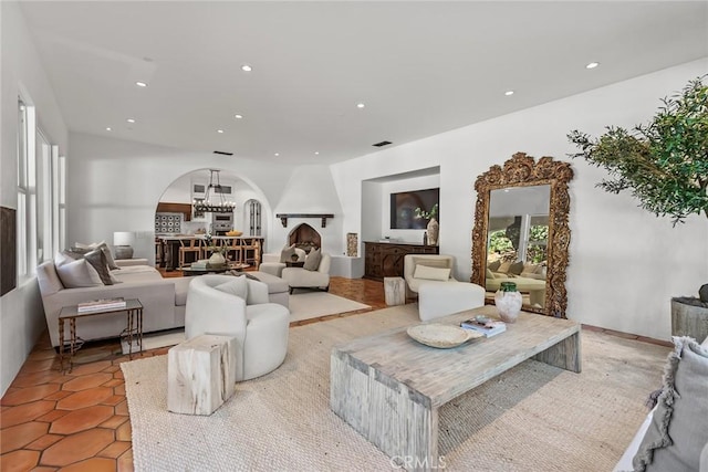 living room with a chandelier