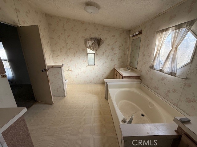 bathroom featuring vanity, a tub, and a textured ceiling