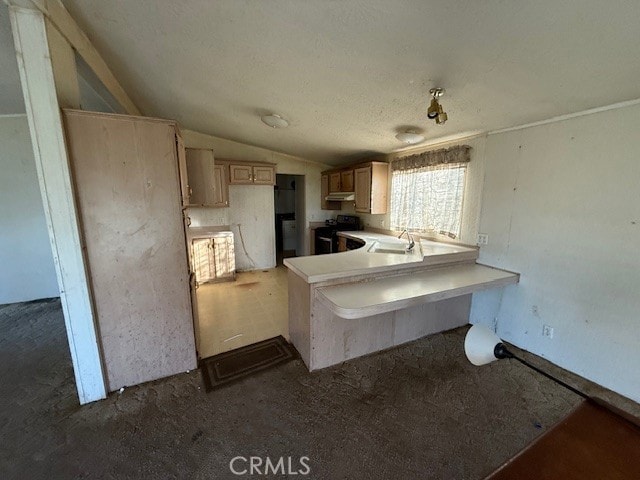 kitchen with lofted ceiling, kitchen peninsula, light brown cabinets, and electric stove