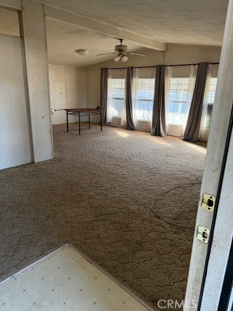 carpeted spare room with a textured ceiling, plenty of natural light, and ceiling fan