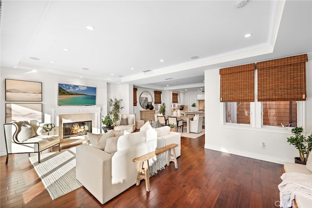 living room featuring dark hardwood / wood-style flooring, a tray ceiling, and a high end fireplace