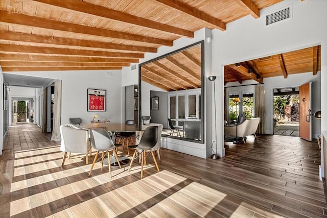 dining space featuring dark hardwood / wood-style flooring, wood ceiling, and lofted ceiling with beams