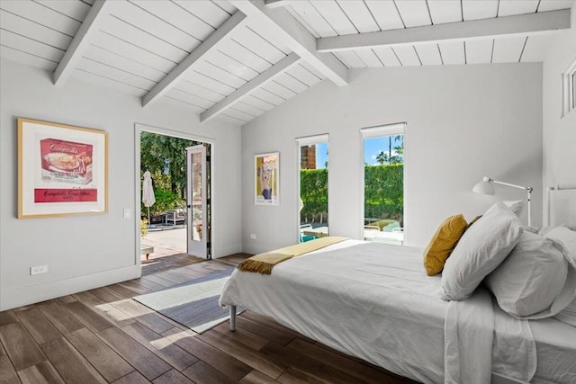 bedroom with access to exterior, hardwood / wood-style flooring, and lofted ceiling with beams