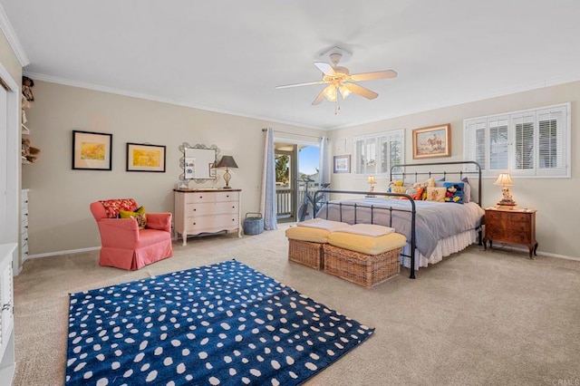 carpeted bedroom featuring ornamental molding, access to exterior, and ceiling fan