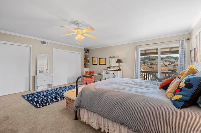 carpeted bedroom with access to outside, ornamental molding, and ceiling fan