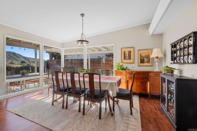 dining space with a mountain view, ornamental molding, and dark hardwood / wood-style floors