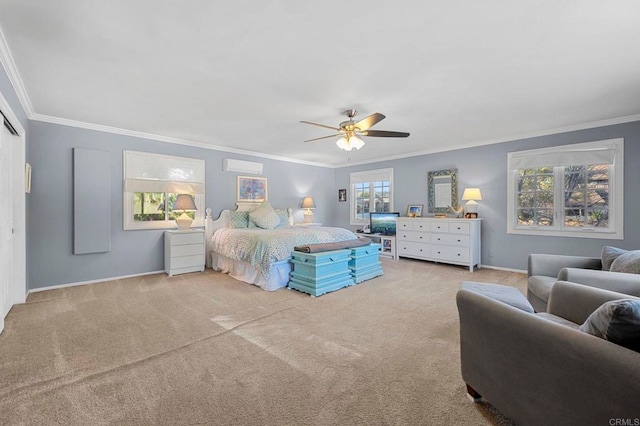 carpeted bedroom featuring a wall unit AC, crown molding, and ceiling fan