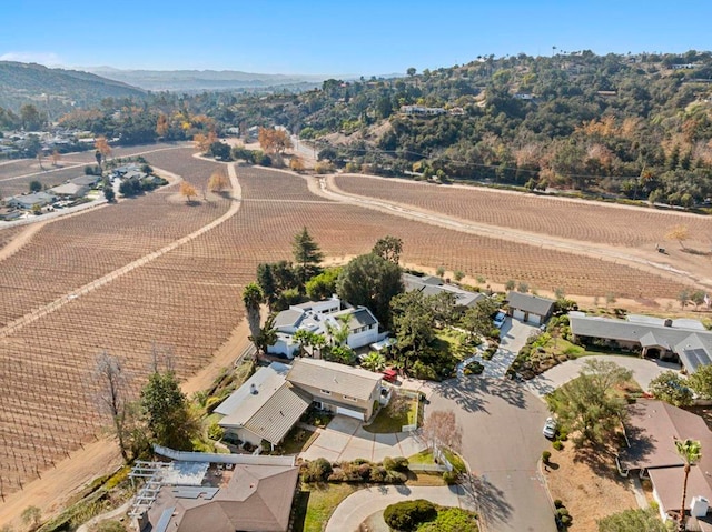 birds eye view of property featuring a mountain view and a rural view