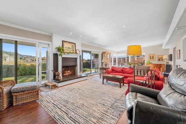 living area with crown molding, a lit fireplace, and wood finished floors