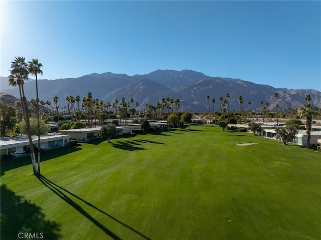 view of property's community with a mountain view and a lawn