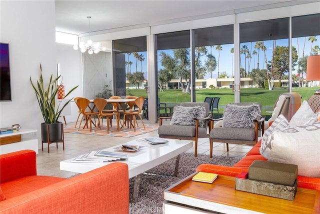 sunroom / solarium with a notable chandelier