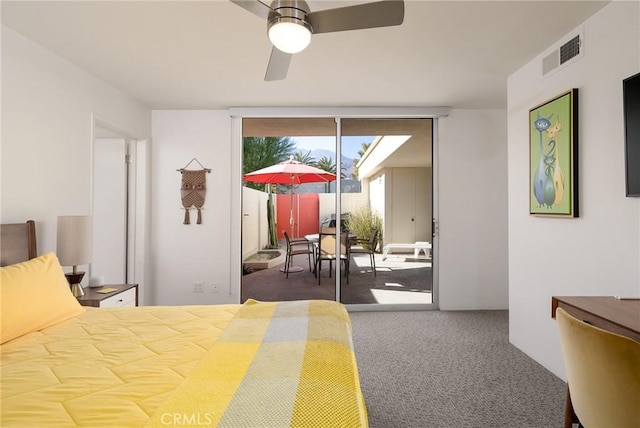 carpeted bedroom featuring access to outside and ceiling fan