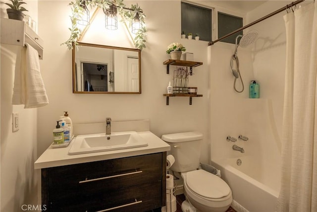 full bathroom with shower / tub combo, vanity, and toilet