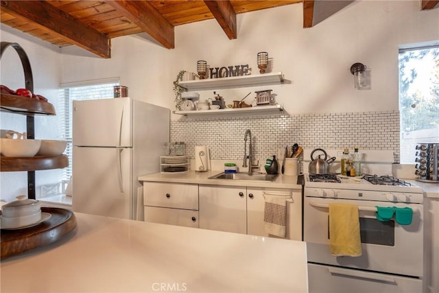 kitchen with beamed ceiling, sink, backsplash, wooden ceiling, and white appliances