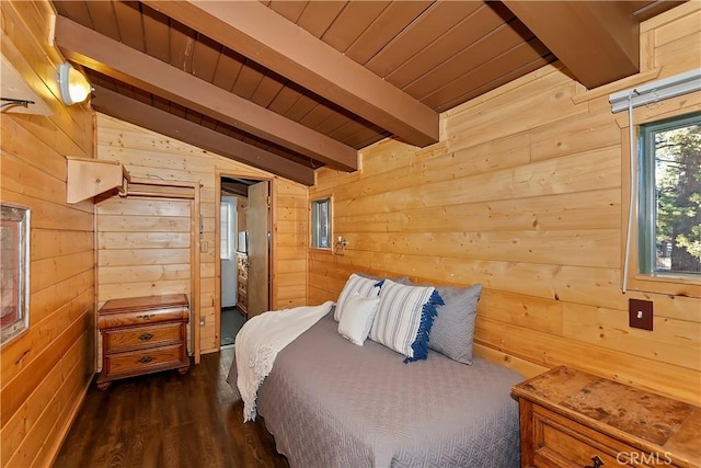 bedroom featuring wood ceiling, lofted ceiling with beams, dark hardwood / wood-style floors, and wood walls