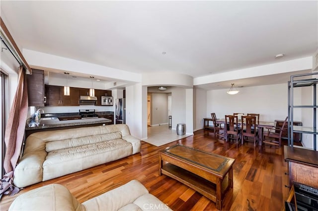 living room with dark hardwood / wood-style flooring and sink