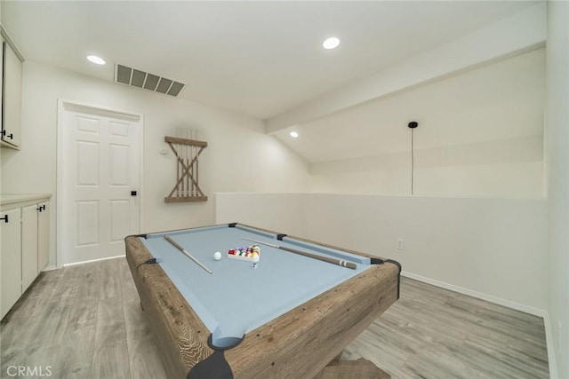 game room with billiards, vaulted ceiling with beams, and light hardwood / wood-style flooring