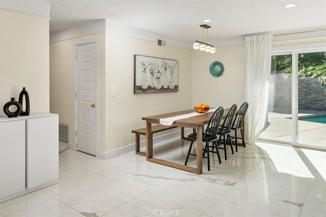 dining area featuring marble finish floor, recessed lighting, visible vents, and baseboards