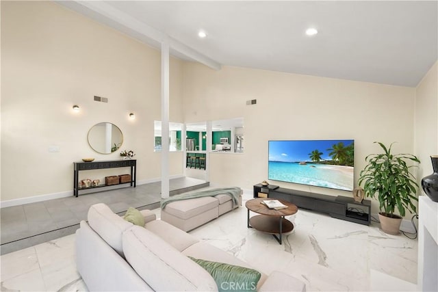 living room featuring marble finish floor, baseboards, visible vents, and beamed ceiling