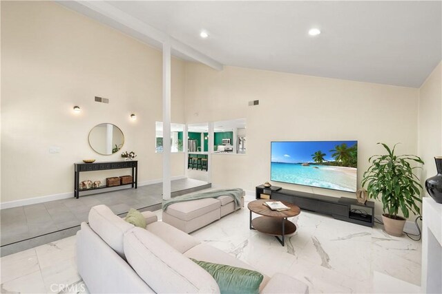 23726 La Salle Canyon Rd, Newhall, CA 91321 - living room with marble finish floors, high vaulted ceiling, beam ceiling, and recessed lighting