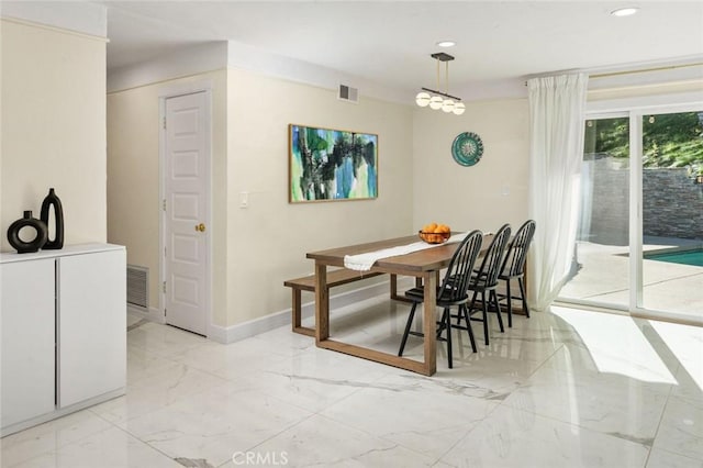 dining space with marble finish floor, recessed lighting, visible vents, and baseboards