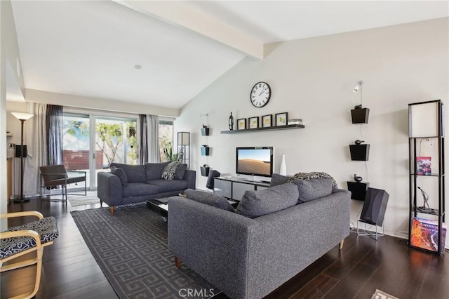 living room with dark wood-type flooring and vaulted ceiling with beams