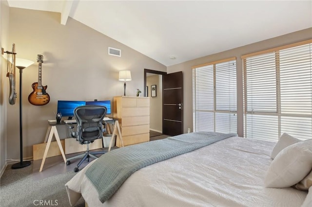 bedroom featuring carpet floors and lofted ceiling with beams