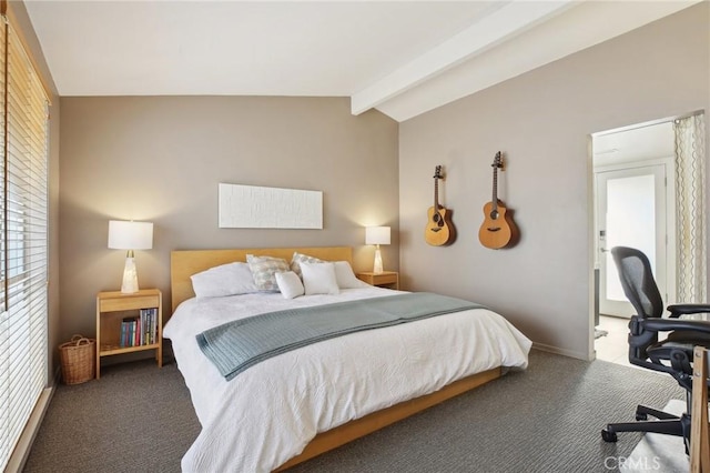 bedroom with vaulted ceiling with beams and dark carpet