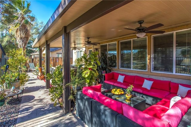 view of patio featuring ceiling fan and an outdoor hangout area