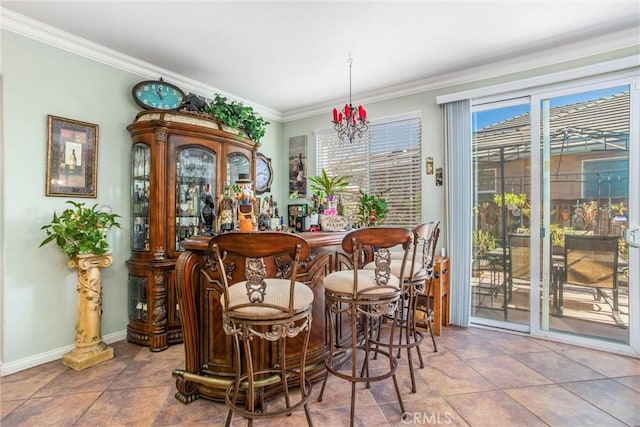 interior space with crown molding and bar