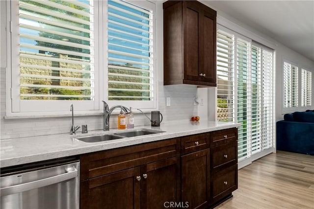 kitchen with tasteful backsplash, dishwasher, sink, light stone counters, and dark brown cabinets