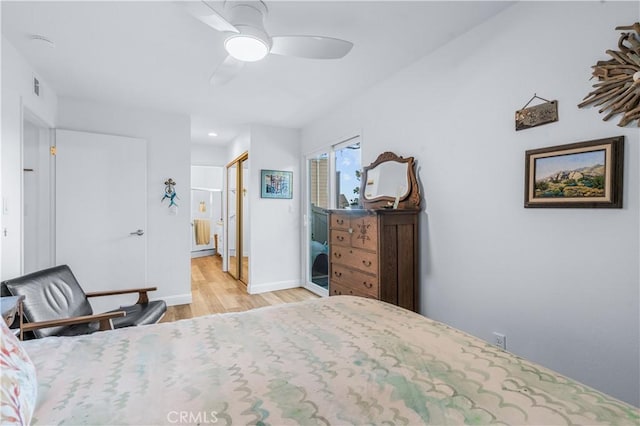 bedroom featuring ceiling fan and light wood-type flooring