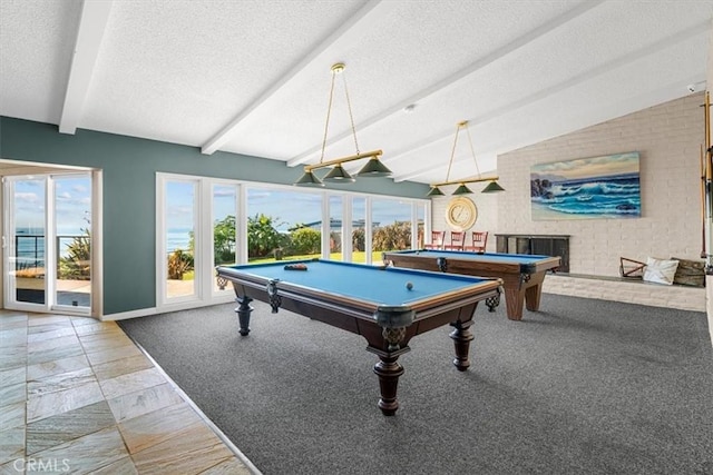 playroom featuring vaulted ceiling with beams, billiards, a textured ceiling, and carpet