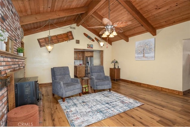 living room featuring wood ceiling, ceiling fan, lofted ceiling with beams, and light wood-type flooring